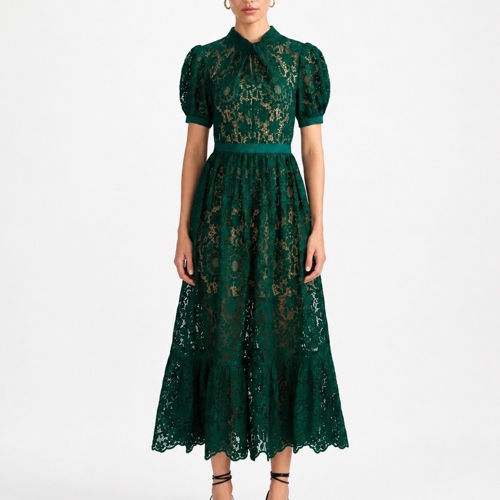 Self-Portrait Green Guipure Lace Midi Dress Women's US 10 Puff Sleeve Formal